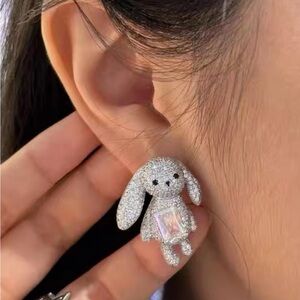 Silver and Pink Bunny Earrings or Sweater Pin, Sterling silver1 inch X 0.75 inch